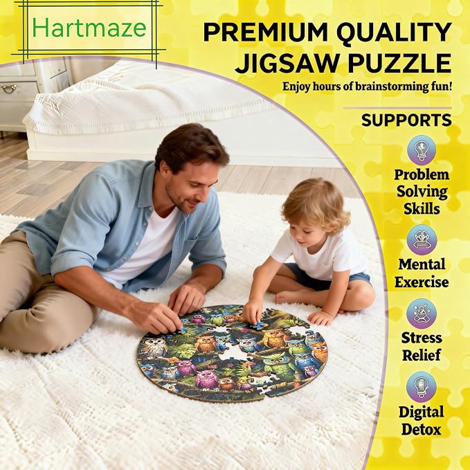Hartmaze Wooden Jigsaw Puzzle - Owls Cozy Habitat, 178 Unique Irregular Pieces, 11.2x11.2 Inch, Exquisite Wooden Gift Box, Challenging Art Puzzle for Adults & Kids Ages 8 and Up