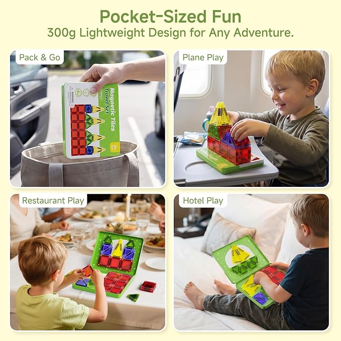 Travel Magnetic Tiles for Kids Car Games: 26 PCS Mini Magnet Building Blocks in Tin Box to Stop Crying - 0.64 lb Pocket Size Educational Toy - Road Trip Essentials - Boys Girls Age 3-8