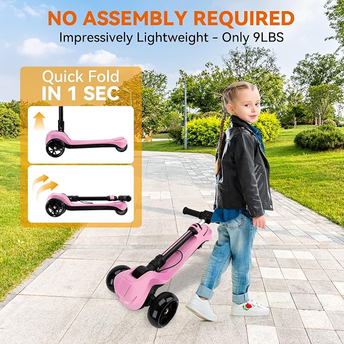 24V Electric Scooter for Kids w/150W Powerful Motor, Thumb Throttle, LCD Screen, Bluetooth, Light-Up Stem Deck & Wheels, 3 Adjustable Heights, 5MPH Safe Speed, 3 Wheel Electric Scooter for Kids