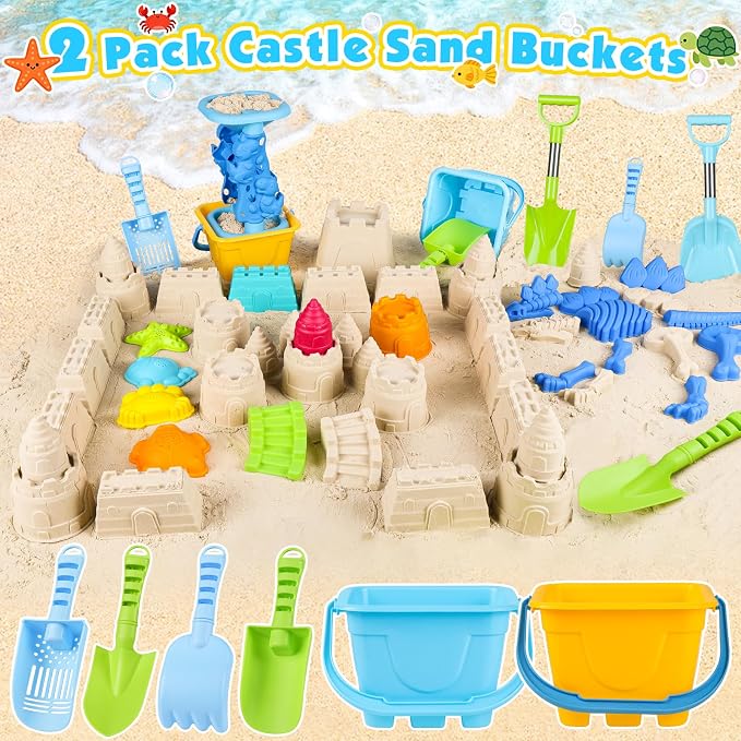 Beach Toys for Kids Toddlers, Sand Castle Toys with Bucket, Water Wheel, Long Shovel, Dinosaur Travel Sand Toys for Beach & Mesh Bag, Sandbox Essentials Toy for Toddlers Kids Baby Boys Girls Age 3-10