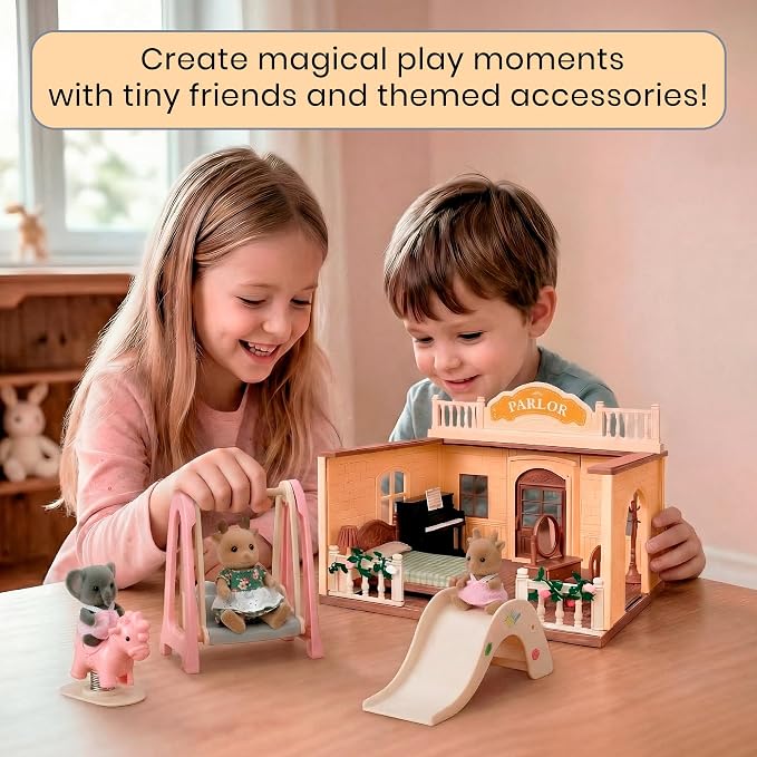 Family Dollhouse Accessories — Mini Playground Set with Swing & Slide, Rocking Horse, Soccer Goals, Screen-Free Add-On — Miniature Dollhouse Playset for Ages 3+