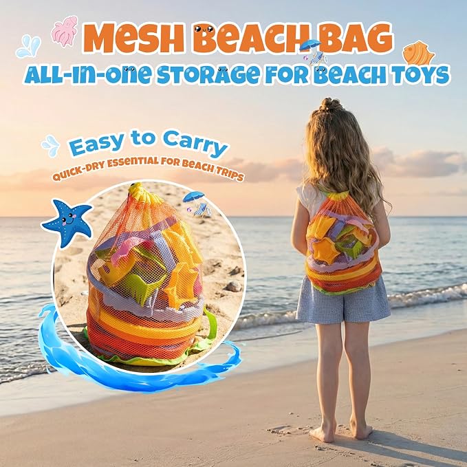 Beach Sand Toys Set for Toddlers, Portable Travel Beach Toys with 3 Collapsible Buckets, 3 Shovels, 3 Rakes, 9 Molds & Backpack for Kids, Summer Gift，Beach Tourism