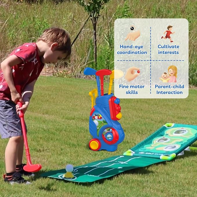 Liberry Toddler Golf Set for 2 3 4 5 Years Old Boys Girls, Upgraded Kids Golf Cart with Golf Cornhole Board & Putting Mat, Indoor and Outdoor Golf Toys Birthday Gifts