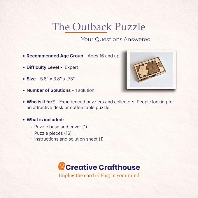 Creative Crafthouse Outback Puzzle, Stewart Coffin Wood Brain Teaser, Hard | A packing design numbered 222. Five cherry and maple pieces have just one known solution, a tough desk challenge, made in USA