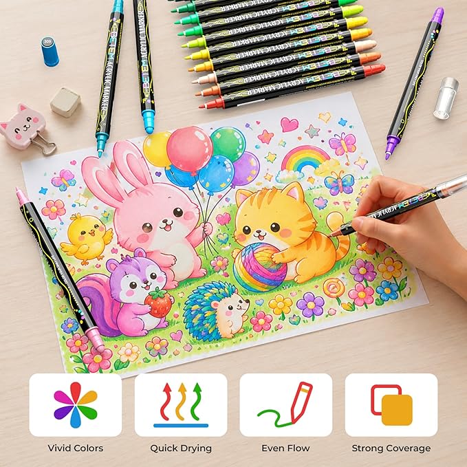 Betem 60 Colors Dual Tip Acrylic Paint Markers, Fabric Decorating Kits Premium Water-Based Acrylic Paint Pens Art Supplies for Fabric, Rock, Wood, Glass, Canvas, Ceramic, Teacher Appreciation Gift