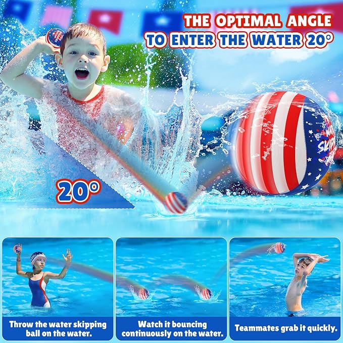 Water Bouncing Ball, 4th of July Splash Skip Water Balls for Fly Swimming Pool Games, 3 Pack Colorful Skipping Balls for Kids 4-8-12 and Adult, Summer Toys Gifts Independence Day Water Party