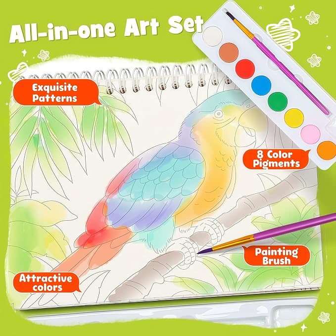 Watercolor Painting Coloring Books, Paint with Water Arts & Crafts Kit for Kids, Travel Activities Art Supplies Party Favors Exchange Birthday Gifts for Boys Girls, Spiral-Bound(Animals)