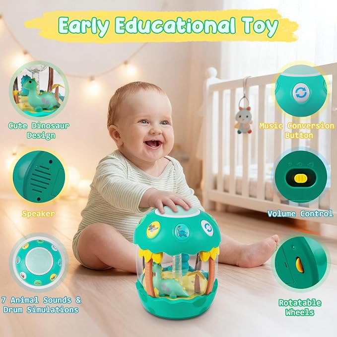 M SANMERSEN Baby Boy Toys, Dinosaur Rotating Light Up Musical Baby Toys for 12-18 Months Newborn Infant Crawling Tummy Time Toys, Birthday Easter Gifts for Baby Boys- Green