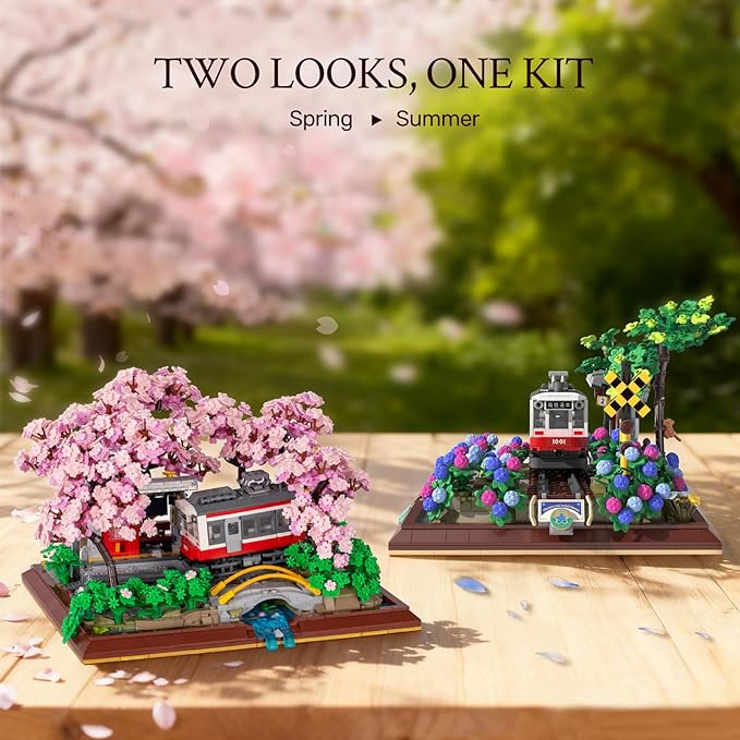 Wise Block Cherry Blossom Train Diorama Building Set – Japanese Artificial Bonsai Tree Block Set for Home Office Botanical Decor, 3150 Pcs