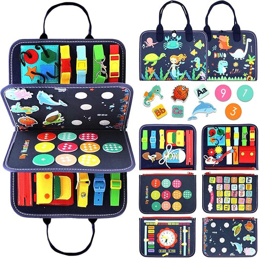 Qizfun Montessori Busy Board & Busy Book for Toddlers – Sensory & Learning Toy That Keeps Kids Busy, Travel Toy for Airplane & Car, Screen for Boys & Girls (Blue/P4)