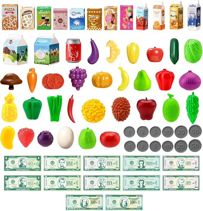 Jovow 102pcs Kids Shopping Cart Trolley Play Set with Pretend Food and Accessories,Perfect for Ages 3+ Pretend Play and Role-Playing Games（Khaki）