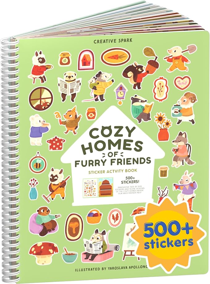 Cozy Homes of Furry Friends 500+ Sticker Book by Cupkin Fun Toddler Calendar Activity Coloring + Sticker Book, Road Trip Essentials, 12 Coloring Pages + Scenes for Ages 2–8 Years