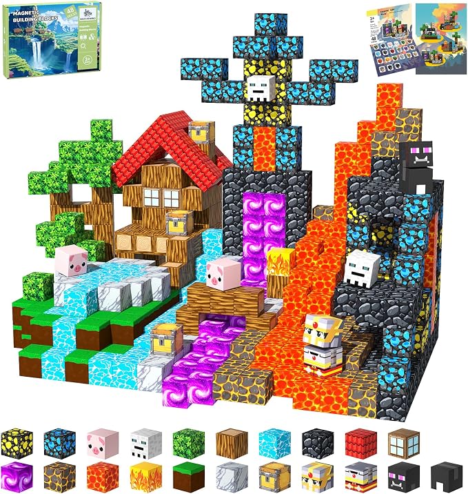 Magnetic Blocks, 48PCS Magnetic Tiles Building Blocks, Magnet Cubes STEM Sensory Game Toys Christmas Birthday Gifts for Kids Girls Boys Age 3+ (Forest Lava)
