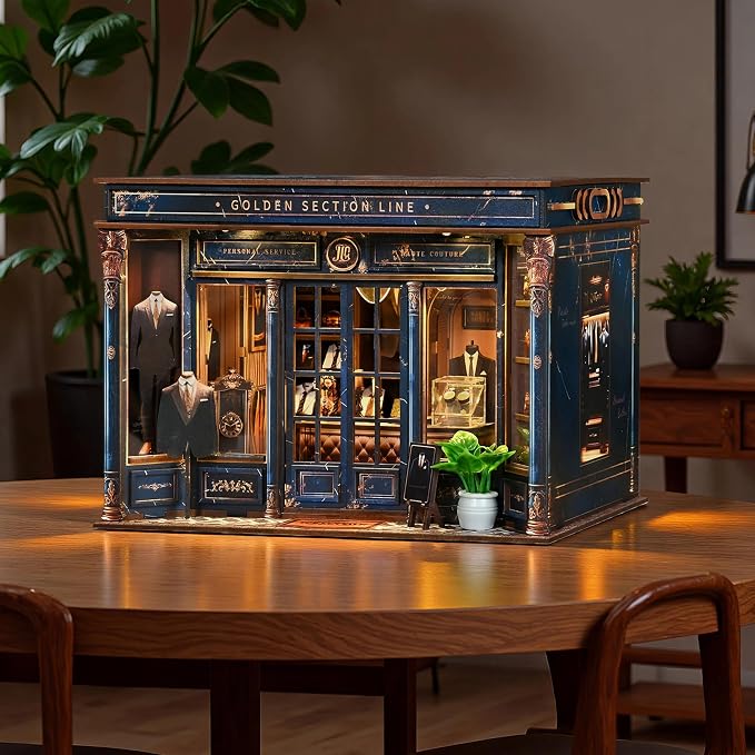 ISSEVE Book Nook Kits for Adults, DIY Booknook Kit Miniature Dollhouse Book Nooks, 3D Wooden Puzzle Model Building Creative Bookshelf Home Decoration Adult Crafts Kits Gift (Golden Section Line)