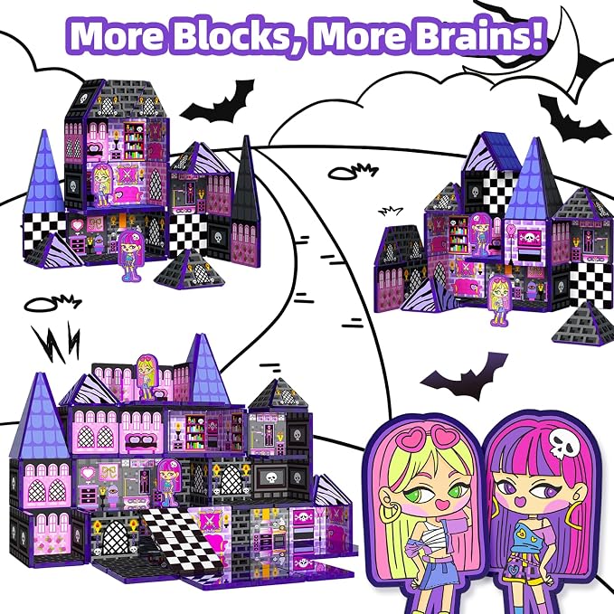 GobiDex Magnetic Doll House Building Toys for Girls with Two Figures, Haunted Castle Magnetic Tiles Playset for Kids Ages 4-8, STEM Sensory Birthday Girls Ages 3+