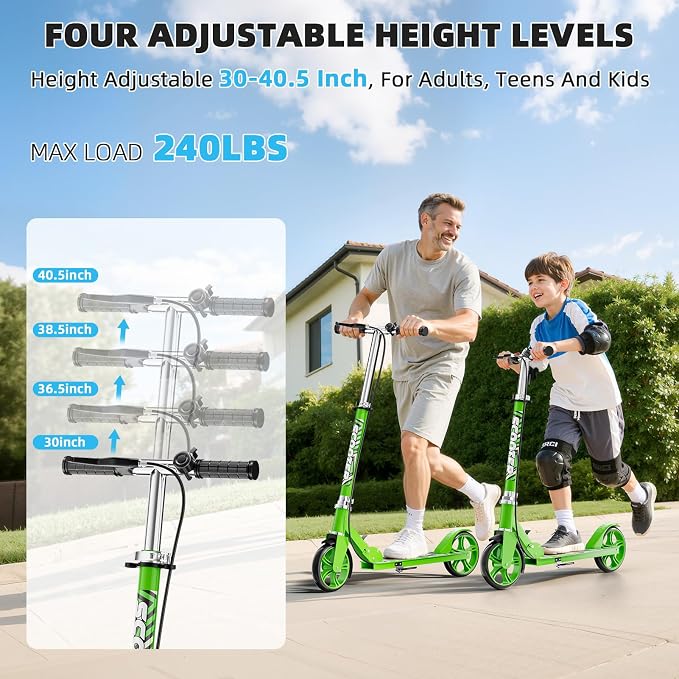 Scooters for Kids 8-12, Teens & Adults - Lightweight, Foldable, 8-Inch Big Wheels, Hand Brake & Bell, 4 Adjustable Height Levels, 240 lbs Max Load, Perfect for School, Campus and Park Rides