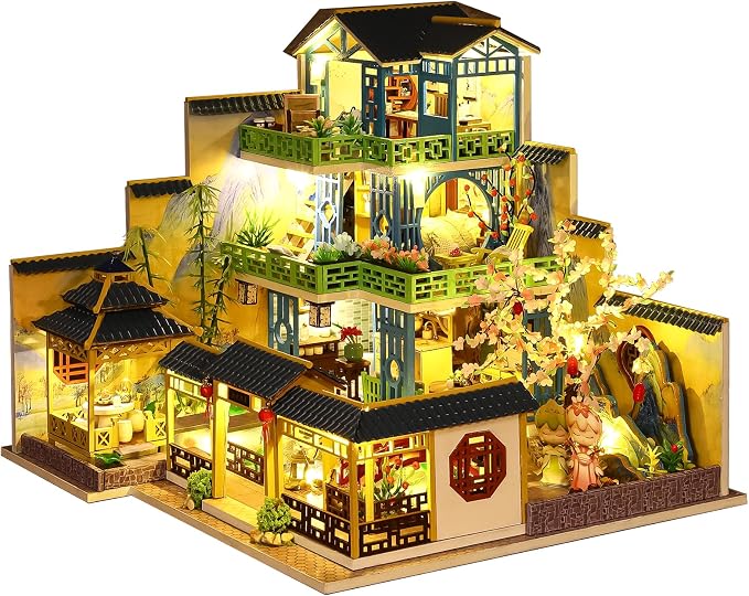 Spilay Dollhouse DIY Miniature Wooden Furniture Kit,Mini Handmade Big Castle Model with Dust Cover & Music Box,with dust Cover 1:24 Scale Creative Doll House for Adult Gift