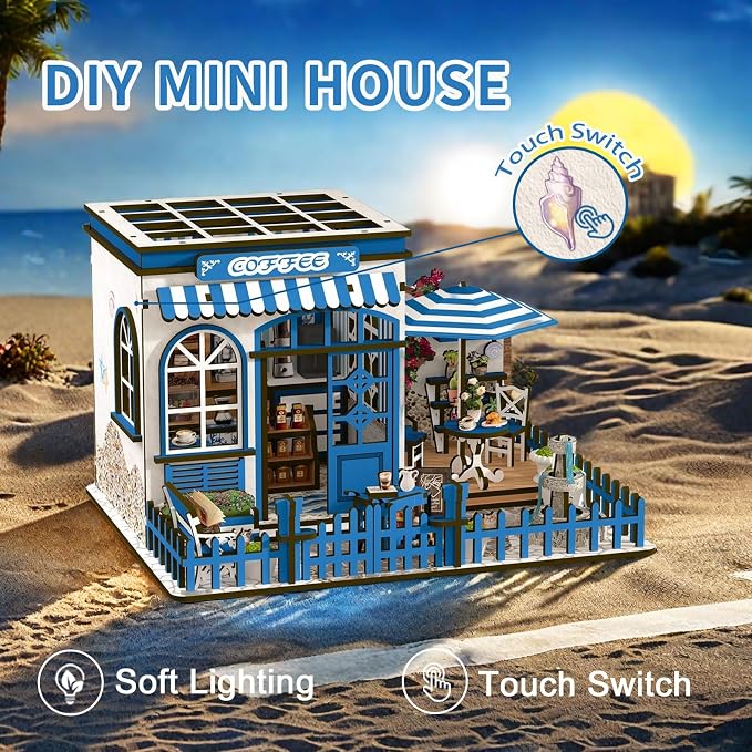 DIY Miniature House Kit, Coffee Shop Book Nook Kit, Mini Building Kit, Dollhouse Kit for Adults and Teens, 3D Wooden Puzzles with LED Light, Craft Kit for Family and Friends(Sunny Coffee Shop)