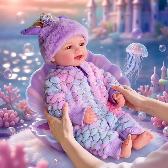 BABESIDE Mermaid Baby Doll Girl, 17-Inch Realistic Soft Baby Dolls with Shiny Mermaid Tail & Accessories, Cute Mermaid Toys for Girls Ages 3+ Kids, Christmas, Birthday
