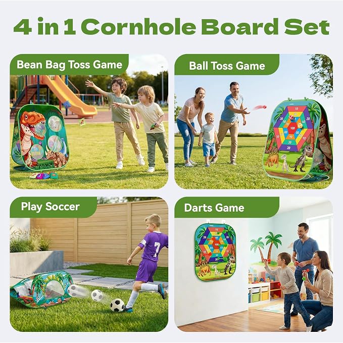 4-in-1 Dinosaur Bean Bag Toss Game for Kids, Cornhole & Dart Board Set for Toddlers, Outdoor Toys for Family Party, Backyard, Beach & Lawn Activities, Gift for Boys and Girls Ages 3 4 5 6 7 8