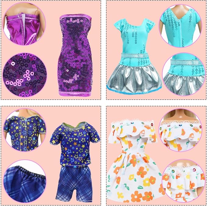 Doll Clothes 21Pcs Including 3 Fashion Dresses 5 Daily Slip Dresses 2 Casual Tops and Pants Outfits 2 Sequins Dress 1 Swimsuit 3 Bags 5 Hangers Accessories for 11.5 inch Girl Doll