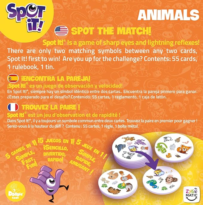 Asmodee Spot It! Animals (2024 Refresh) - Eco-Sleeve Edition, 5-in-1 Visual Perception Game for Quick Reflexes and Family Fun, Ages 4+, 2-8 Players, 15 Minute Playtime