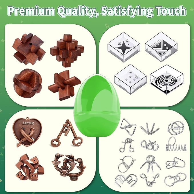 TAHAVICE 24 PCS Brain Teaser Puzzles Set, Wooden & Metal 3D Unlock Interlock Game, Kongming Luban Lock Wire Disentanglement IQ Puzzle, Logic Challenge Educational Gift for Adults Teens Kids