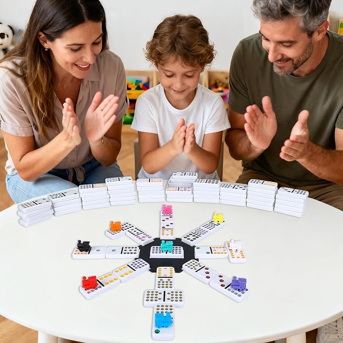 Mexican Train Dominoes Set Double 15, Dominoes Set for Adults and Family, Colored Dot - 136 Tiles in Tin Box, 9 Trains, Hub, 8PCS Wooden Trays
