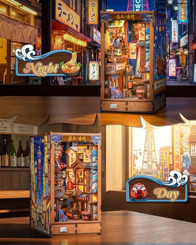 CUTEBEE Book Nook Kit - Japanese Foldable DIY Miniature Dollhouse, Warm LED Bookshelf Alley Decor Model, Building Kit Gifts for Adults Teens Family Friends (Tsutenkaku Ichiban Street)