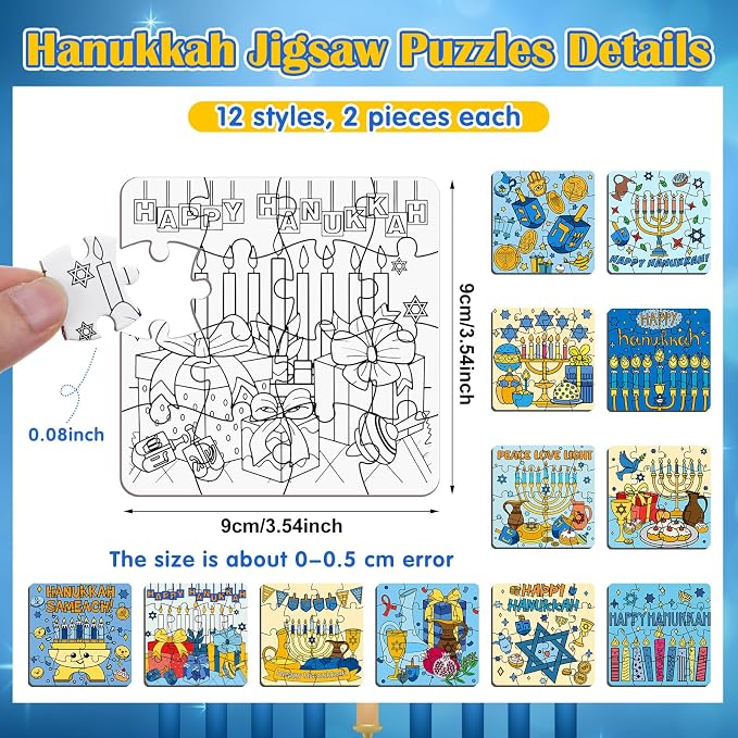 Realspring 24 Pack Hanukkah Color Your Own Jigsaw Puzzles for Kids 3-5, 4-6, 6-8, Coloring Crafts DIY Paper Puzzles Party Favors Gifts for Toddler Children Learning Education Toys
