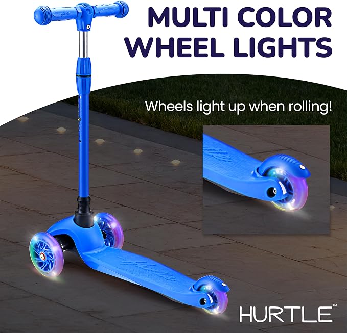 Hurtle Mini Kickboard 3 Wheel Scooter for Kids Ages 2-5 - Lean-to-Steer Toddler Scooter with Light-up LED Wheels, Adjustable Height & Rear Foot Brake for Boys. & Girls, Anti-Slip, Indoor/Outdoor