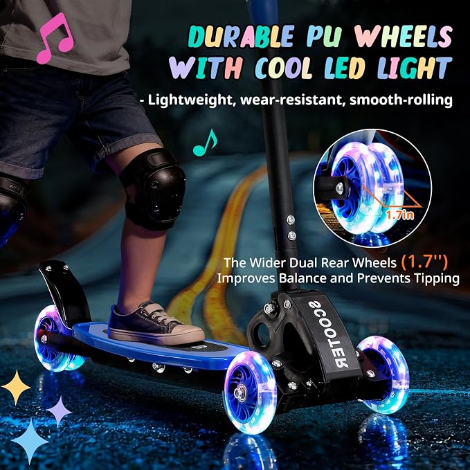 3 Wheel Kids Kick Scooter for Ages 3-12, Lean-to-Steer, Light-Up Wheels, 3-Level Adjustable Handlebar 27.5”-33”, Wide Non-Slip Deck, Dual Rear Brake,Travel Foldable, for Boys & Girls Toy Gifts