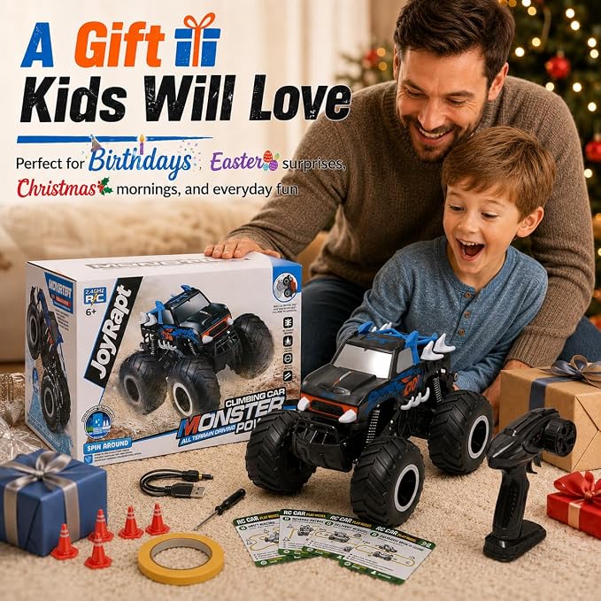 JoyRapt 1:16 Amphibious Monster Truck Toys, 2.4GHz Waterproof Remote Control Car, 4WD RC Truck Cars with 360 Degree Spins, All Terrain Rechargeable Off-Road RC Pickup Gifts for Boys Girls Ages 6-12
