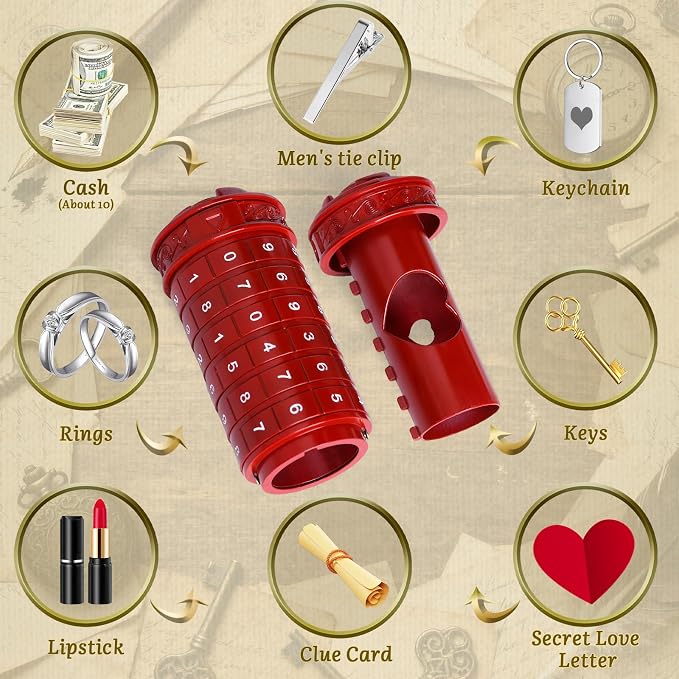 wellsee Da Vinci Code Numeric Mini Cryptex Brainteaser Puzzle Box,Metal Password Lock Cash Box with Hidden Compartment for Money,Challenge Game for Ages 12+ and Up,Unique Xmas Gifts for Her & Him,Red