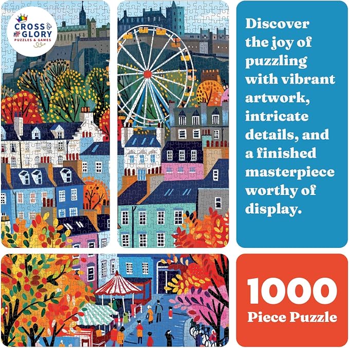 Cross & Glory – Castle & Carousel – 1000 Piece Jigsaw Puzzle for Adults | Colorful Edinburgh Folk Art Puzzle | Bright Scottish City Artwork | Premium Ribbon-Cut Puzzle with Satin Finish