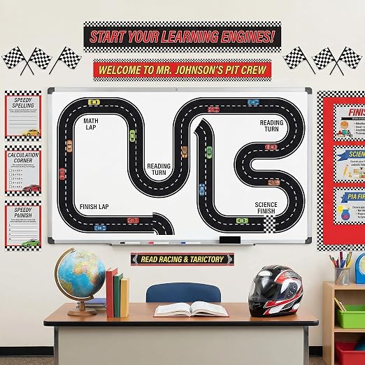 6 Pcs Christmas Race Party Decorations 39"x4" Racetrack Felt Roadway Mat for Cars with Double-Sided Tape, Christmas Village Road for Wall Floor Decoration, Car Themed Birthday Decor