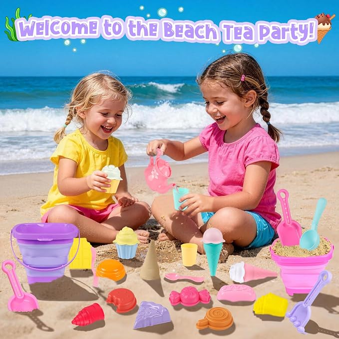 REZUCREY Collapsible Beach Toys for Toddlers, Sand Bucket and Shovels Set, Ice Cream Tea Set Travel Sand Toys for Beach & Mesh Bag, Castle Essentials Toy for Toddlers Kids Boys Girls Age 3-10