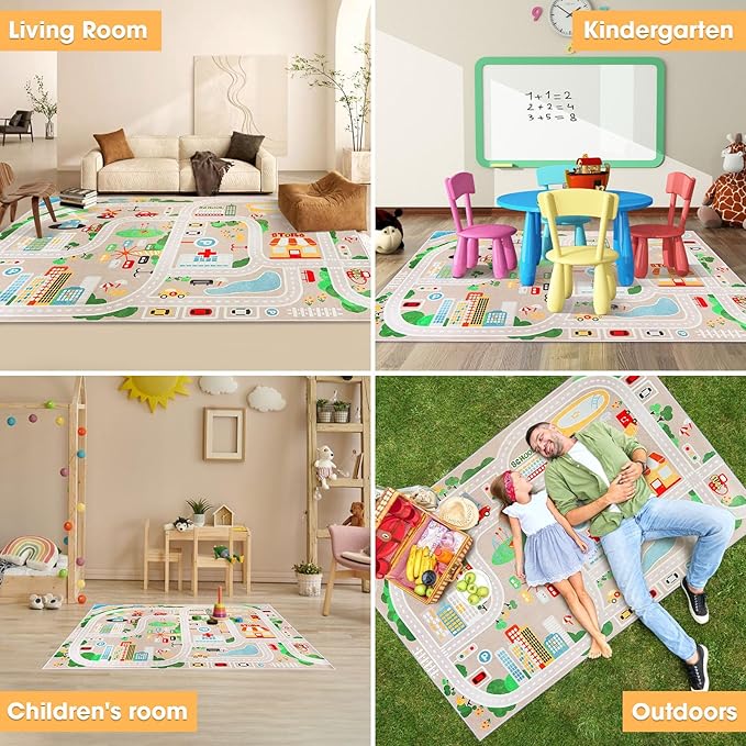 Kid Rug Carpet Playmat for Toy Cars and Train，Play Area Rug with Rubber Backing，Fun Throw Rug，Ideal Gift for Children Baby Bedroom Play Room(120×180cm/47×71in) Y6