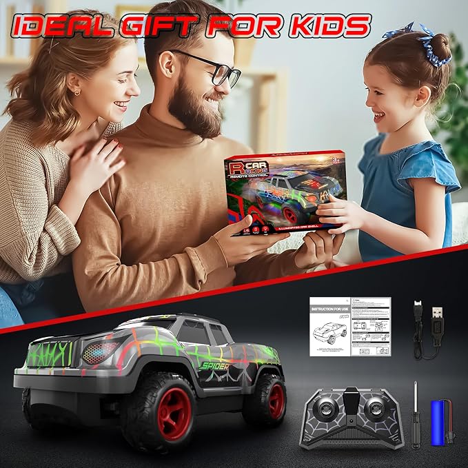 Spider RC Car for Kids, Remote Control Car with Color-Changing LED Body Lights, 2.4GHz RC Racing Toy with 50m Control Range, Great Value Gift for Boys Girls 6 7 8 9 Black