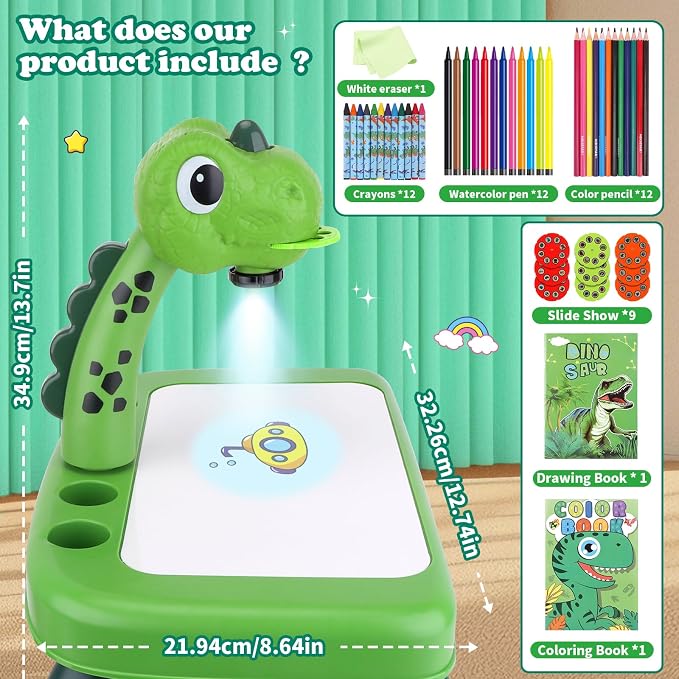 Drawing Projector for Kids, Art and Crafts, Drawing Board with Color Pens, Pencils, Crayons, Scrapbook, Dinosaur Sticker Book, Ideal Toy for 3+ Year Old Girls & Boys (Dinosaur Kit)