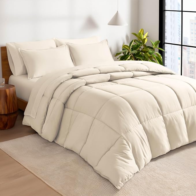 Bare Home Bed-in-A-Bag 7 Piece Comforter & Sheet Set - King - Goose Down Alternative - Ultra-Soft 1800 Premium - Bed Set (King, Sand/Sand)