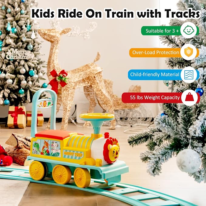 Costzon Ride on Toys, 6V Electric Ride on Train with Tracks, Storage Seat, Flashing Lights & Music, Backrest, Anti-tilt Device, Gift for Toddler Boys & Girls, Battery Powered Ride on Car (Blue)