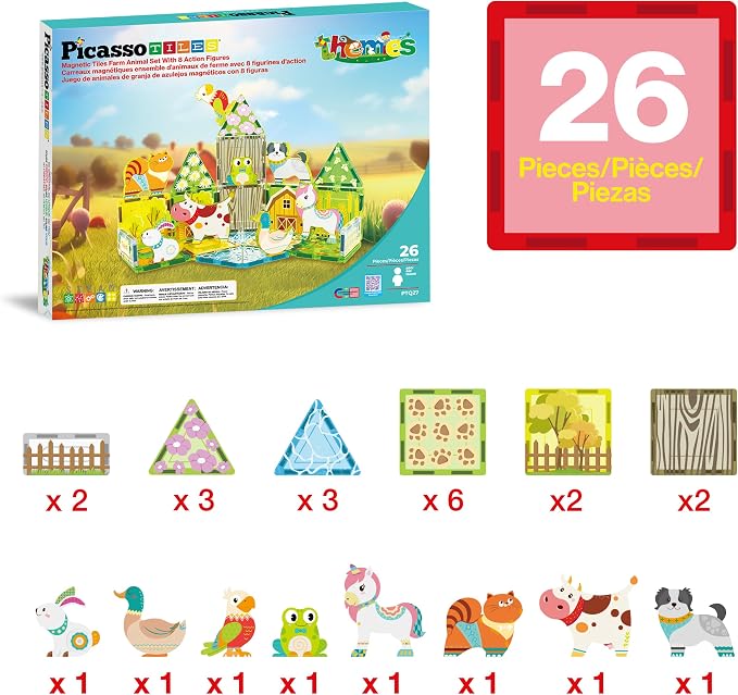 PicassoTiles Magnetic Tiles Magnet Tile Building Blocks Printed Fall Farm Themed Animal Toy Set with 8 Farmyard Animals Character Action Figures STEM Learning Playset for Kids, Ages 3+ PTQ27