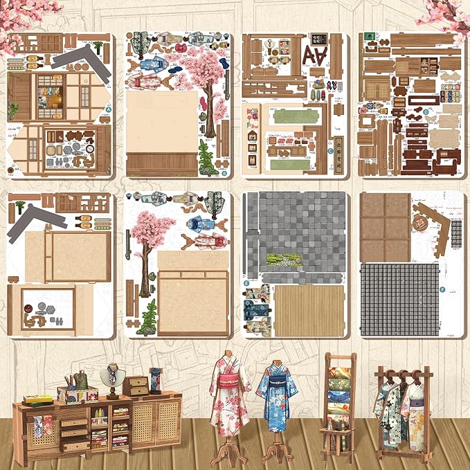 Cutefun Book Nook Kit - DIY Miniature Dollhouse Kit for Adults, Teens and Beginners, Japanese Sakura Tiny House Bookshelf Decor 3D Wooden Puzzles, Gifts for Friends & Family (Sakura Kimono Shop)
