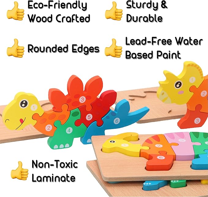 MONTESSORI MAMA Toddler Puzzles for Kids Ages 3-5 Dinosaur Puzzle 5-Pack, Montessori Toys for 3 Year Olds, Toddler Toys Age 3-4 Gifts for 3 Year Old Boys Girls, Wooden Puzzles for Toddlers