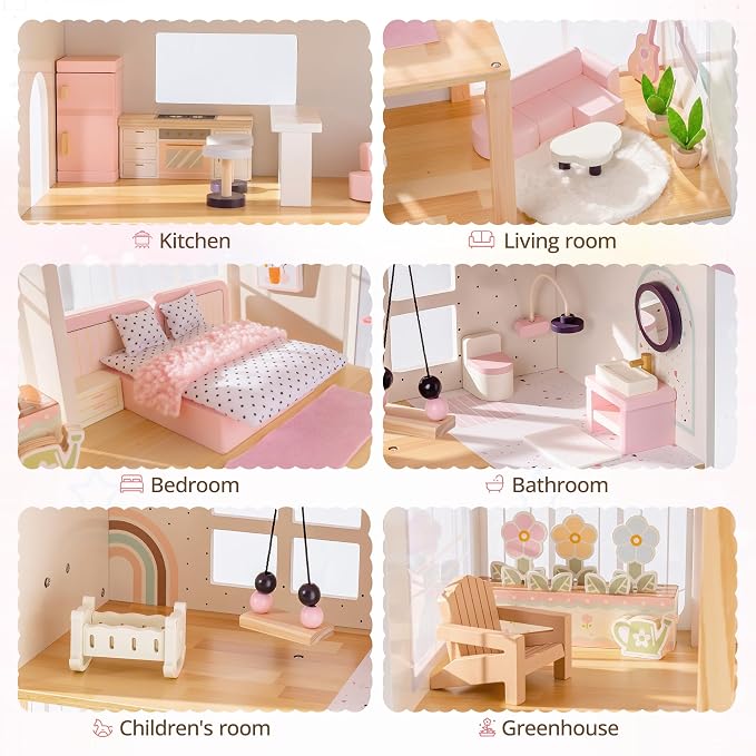 ROBOTIME Wooden Doll House, Dollhouse with 6 Open Rooms, 37 Pcs DIY Modular Doll House Furniture Accessories, Pretend Dollhouse Creative Gift for Girl Ages 3+ (Pink)