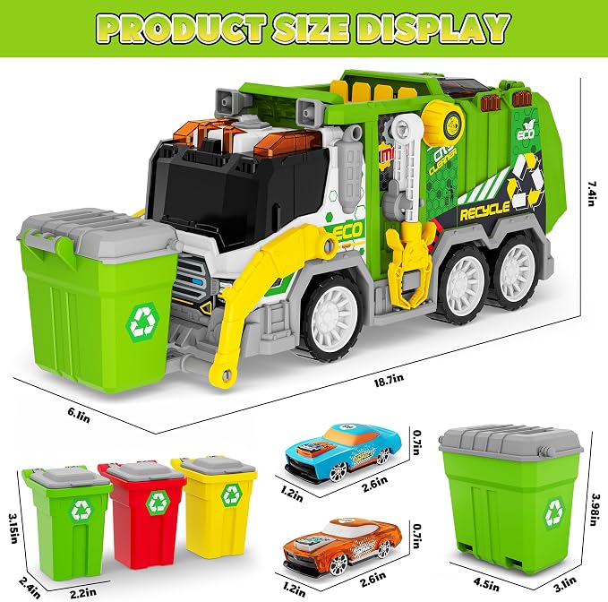 Large Friction Powered Garbage Truck Toy Set with Effect Sound, 2pcs Ejecting Race Cars, Includes Dumpster, Trash Bins, Birthday Gifts for Age 3 4 5 6 7 8 Year Old Boys Kids