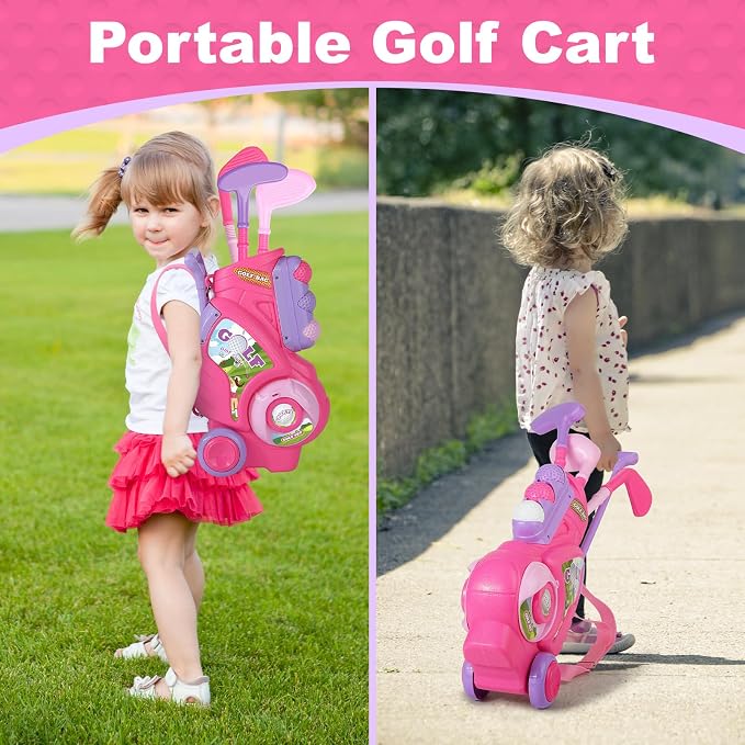 Toddler Golf Set for Girls Boys 2 3 4 Years Old, Upgraded Kids Golf Cart with 3 Clubs & 8 Balls, Outdoor Indoor Sports Toys Birthday Gift, Pink