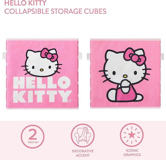 Hello Kitty Set of 2 Storage Cubes with Handles, Durable Foldable Fabric Organizer Bins for Bedroom, Closet, Nursery & Dorm, 10x10x10 Inch Cube Storage Baskets for Toys, Clothes & Shelves