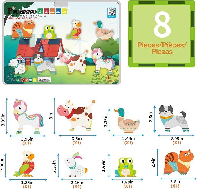 PicassoTiles Magnetic Tiles 8 Character Farm Animal Accessory Add on Set Compatible with Picasso Magnet Tile Playsets Pretend Play Preschool Toy STEM Educational Toys for Learning Kids Ages 3+ PTA27